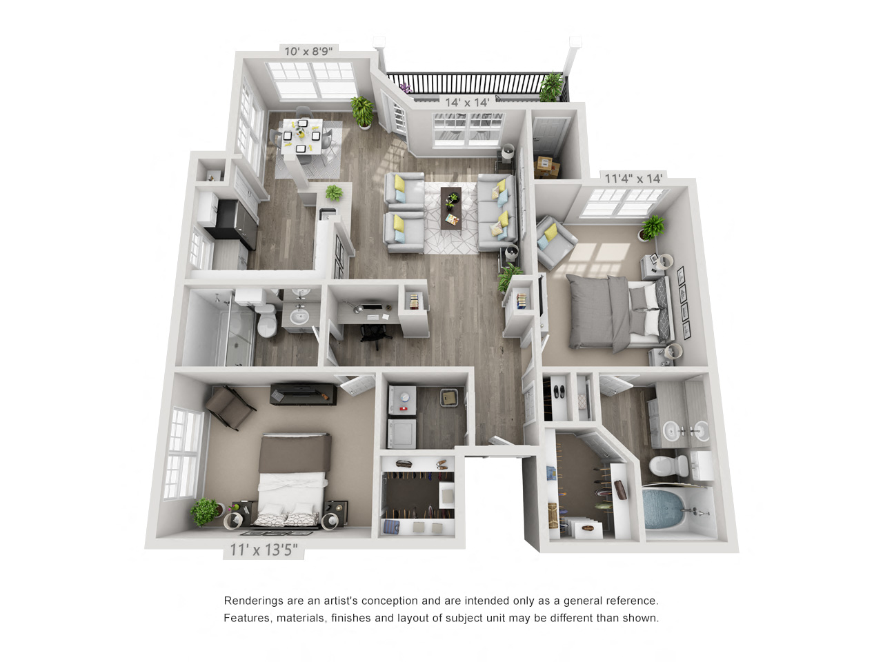 Floor plan for 2 beds, 2 baths, 1193 sqft